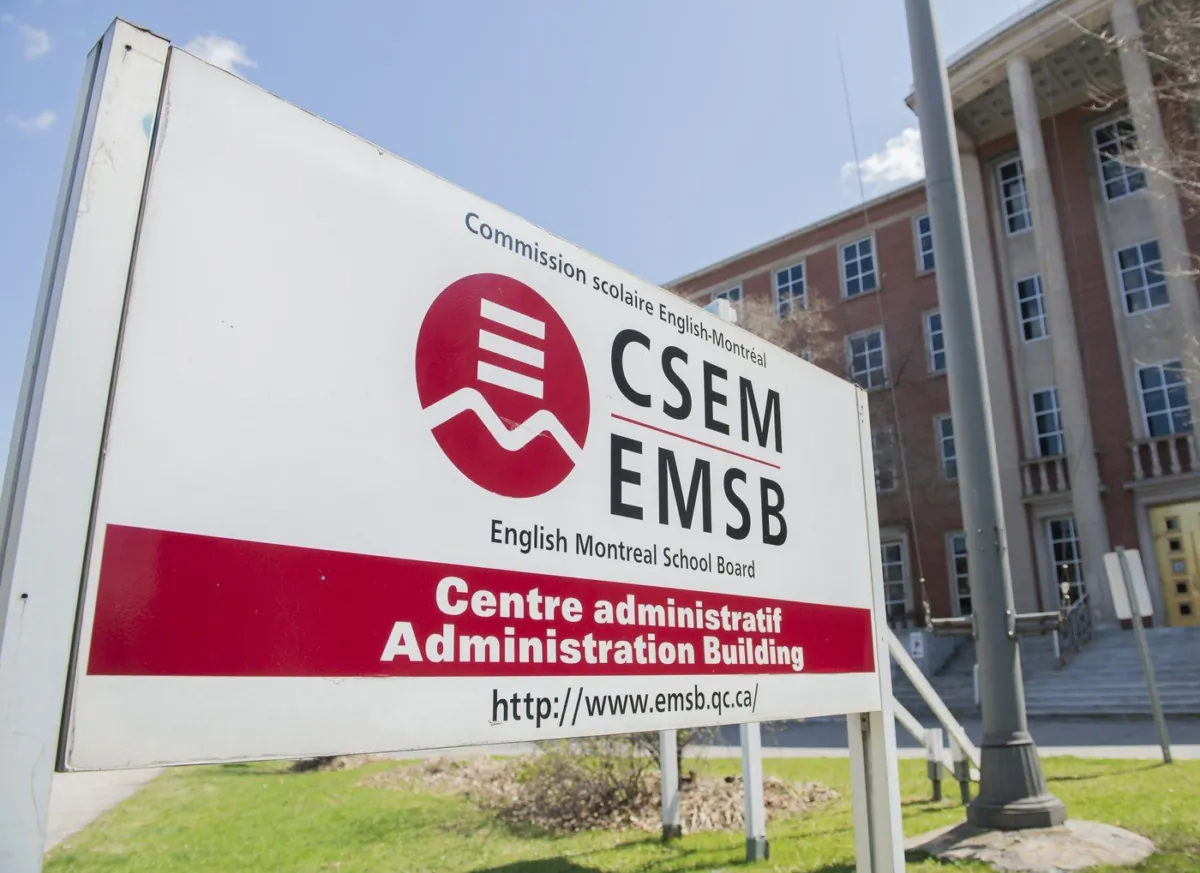 A sign for the English Montreal School Board (EMSB) is shown in Montreal, May 3, 2020. (The Canadian Press/Graham Hughes)

