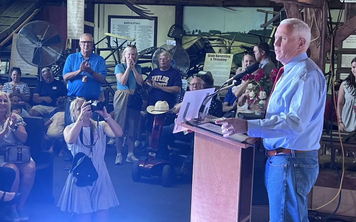 Former Vice President Mike Pence speaks to fairgoers at the Indiana State Fairgrounds in Indianapolis on Aug. 2, 2023 (Lawrence Wilson/The Epoch Times)