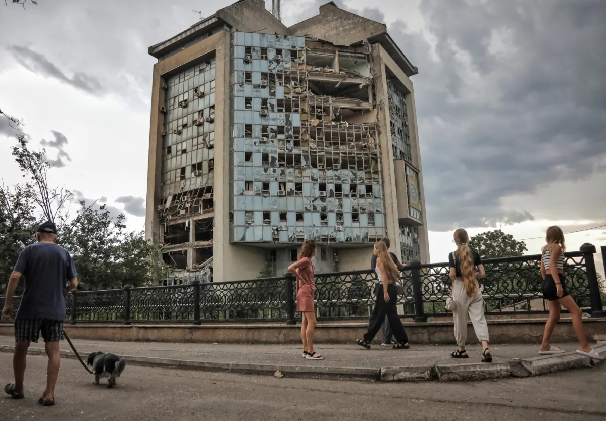 A building of the Black Sea Danube shipping company destroyed during a Russian drone strike in Izmail, Odesa region, Ukraine, on Aug. 2, 2023. (Nina Liashenko/Reuters)
