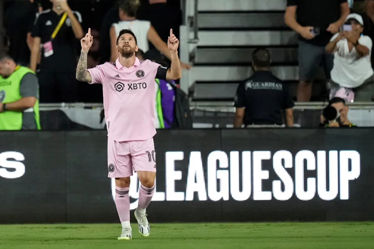 Inter Miami forward Lionel Messi (10) celebrates after scoring against Orlando City during the first half of a Leagues Cup soccer match in Fort Lauderdale, Fla., on Aug. 2, 2023. (Rebecca Blackwell/AP Photo)