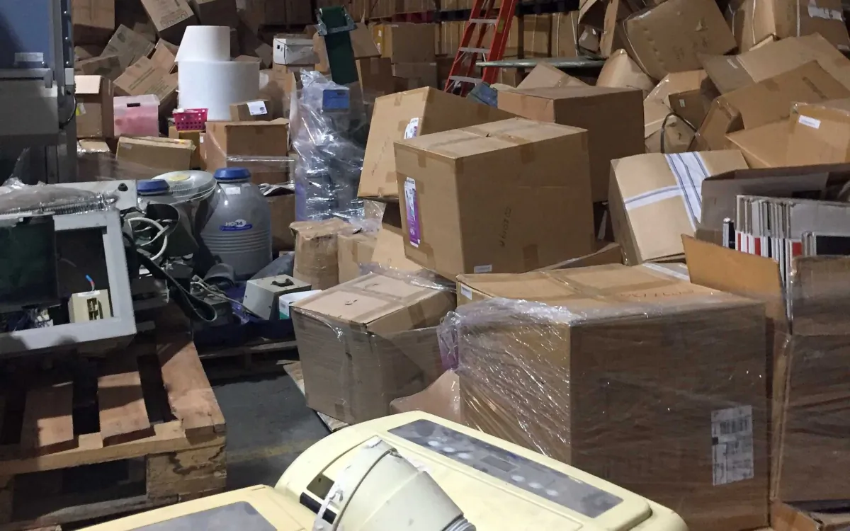 Inside the Prestige Biotech's warehouse in Reedley, California, where furniture, medical devices, and other materials were improperly stored. (Nicole Zieba, Reedley City Manager)