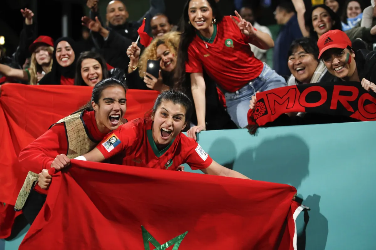Morocco's Nesryne El Chad (C) celebrates with fans after the Women's World Cup Group H soccer match between Morocco and Colombia in Perth, Australia, on Aug. 3, 2023. (Gary Day/AP Photo)