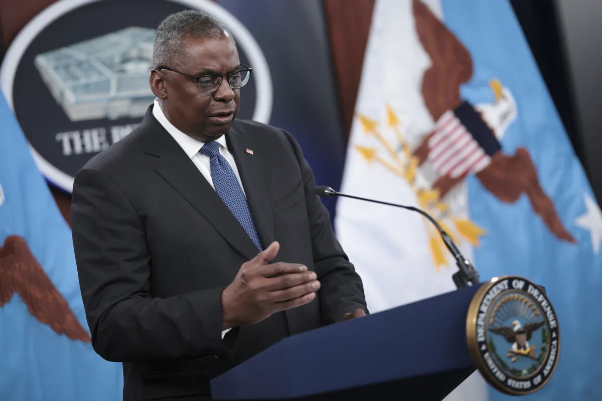 Secretary of Defense Lloyd Austin answers questions during a press briefing after participating in a virtual meeting of the Ukraine Defense Contact Group at the Pentagon in Arlington, Virginia on July 18, 2023. (Win McNamee/Getty Images)