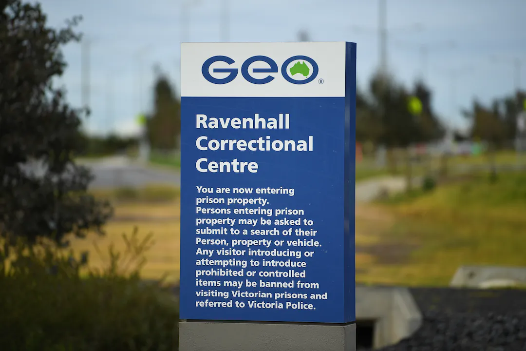 General view of signage outside of the Ravenhall Correction Centre in Melbourne, Australia on July 22, 2020. (AAP Image/James Ross)