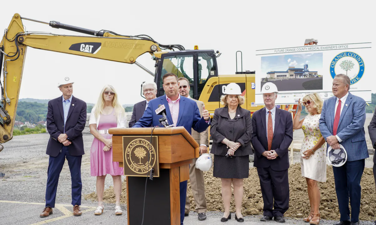 Orange County Executive Steve Neuhaus speaks at a press conference to kick off the construction of a new medical examiner's building in Goshen, N.Y., on Aug. 3, 2023. (Cara Ding/The Epoch Times)