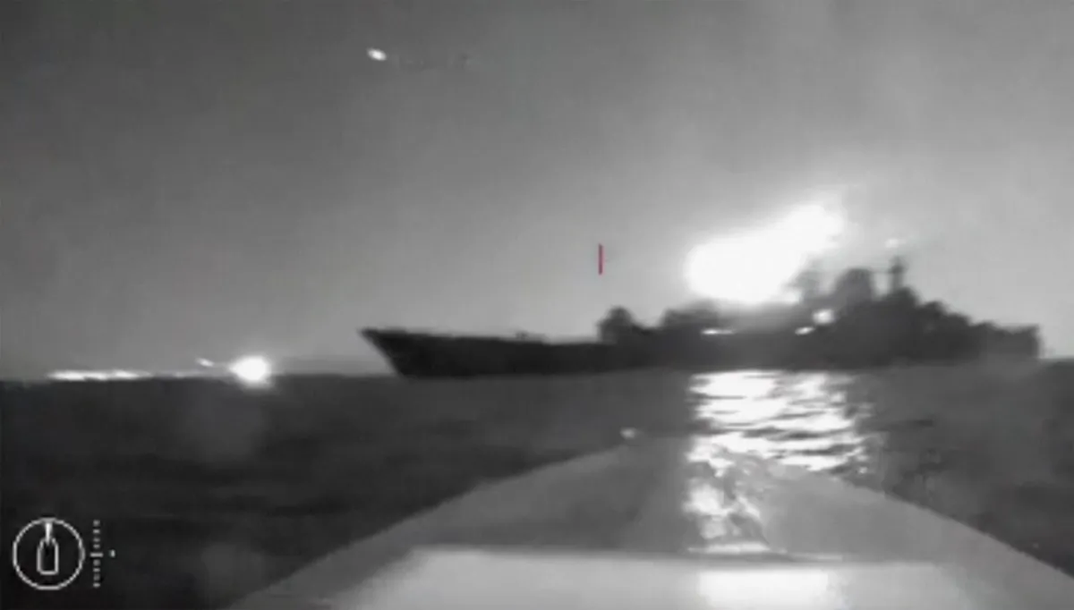 A drone manoeuvers as it approaches the vessel claimed to be a Russian large landing ship, the Olenegorsky Gonyak, close to the Black Sea port of Novorossiysk, Russia, in a photo released on Aug. 4, 2023. (via AP)