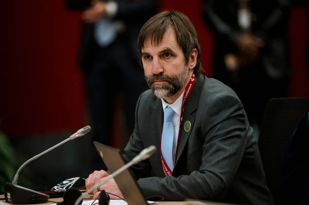 Minister of Environment and Climate Change Steven Guilbeault speaks after agreements were adopted during the plenary at the tail end of the United Nations Biodiversity Conference (COP15) in Montreal, Que., on Dec. 19, 2022. (Andrej Ivanov/AFP via Getty Images)