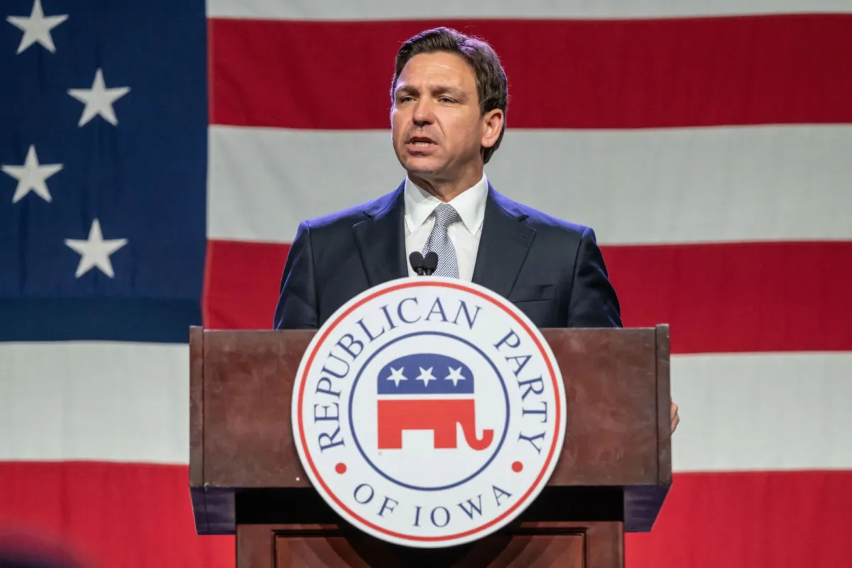 Florida Governor and 2024 Republican Presidential hopeful Ron DeSantis speaks at the Republican Party of Iowa's 2023 Lincoln Dinner at the Iowa Events Center in Des Moines, Iowa, on July 28, 2023. (Sergio Flores/AFP via Getty Images)