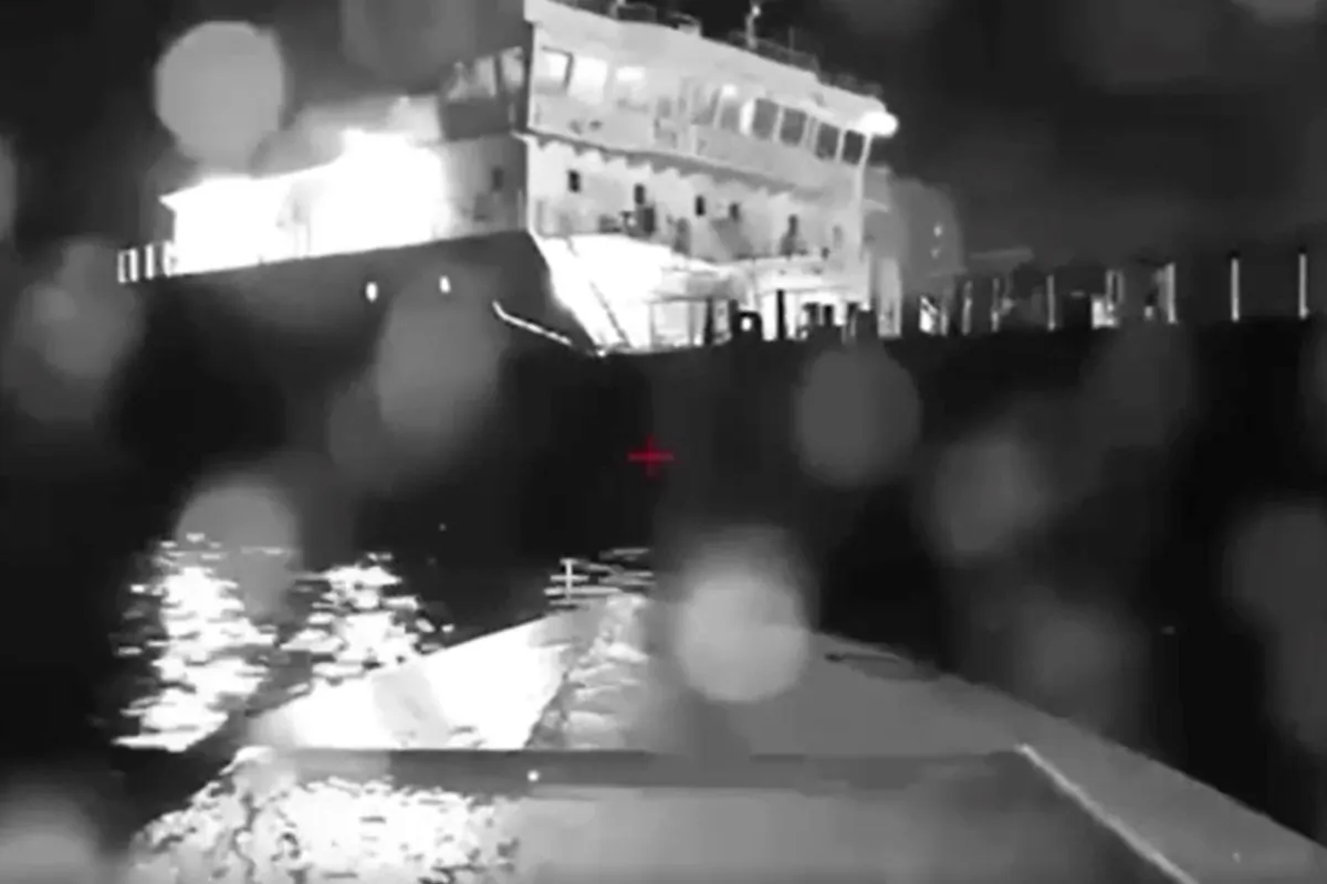 A seaborne drone approaches a Russian tanker on the Black Sea, in this image from video made available on Aug. 5, 2023. (AP Photo)