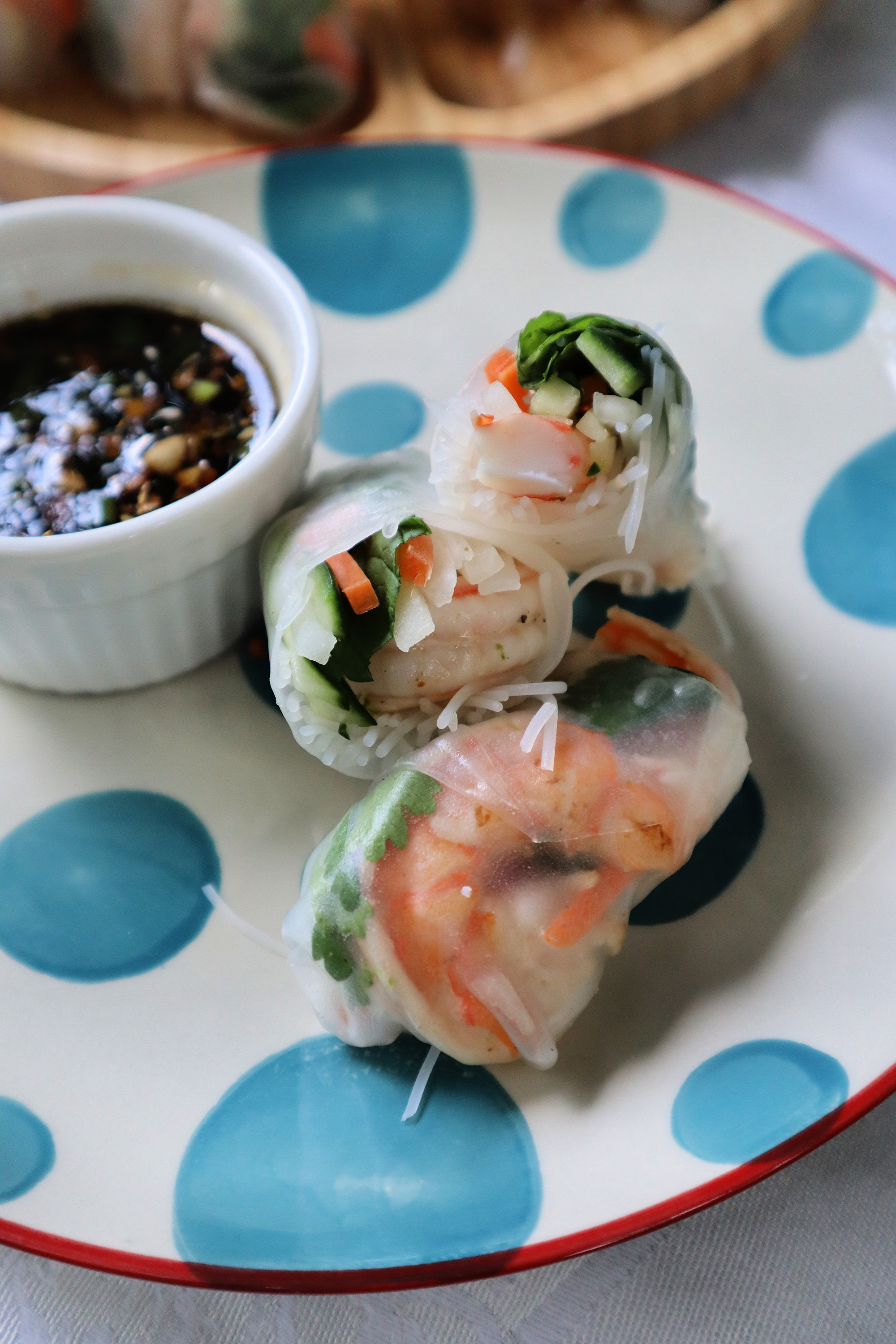 This seasonal summer roll features grilled shrimp.