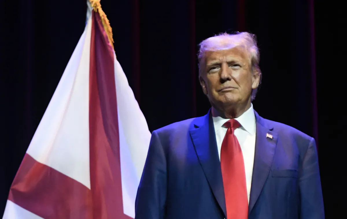 Former President Donald Trump speaks to members of the Alabama GOP during their summer meeting in Montgomery, Ala., on Aug. 4, 2023. (Julie Bennett/Getty Images)