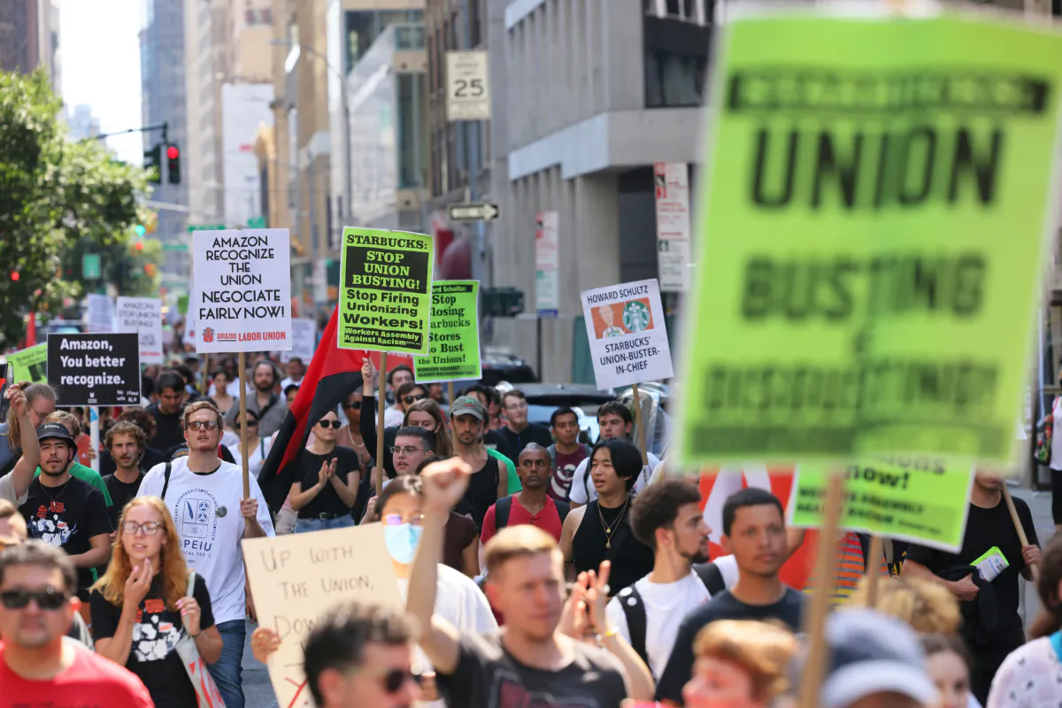 Pro-union protestors march on Fifth Avenue in New York on Sept. 5, 2022. (Michael M. Santiago/Getty Images)