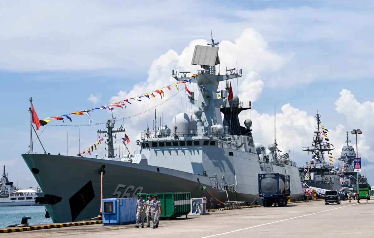 A Chinese Navy missile frigate is docked at Changi Naval Base during the IMDEX Asia warships display in Singapore on May 4, 2023. (Roslan Rahman/AFP via Getty Images)