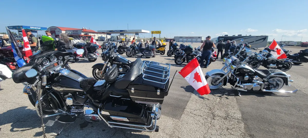 Bikers gather in Arnprior, Ont., ahead of the Rolling Thunder event on Aug. 5, 2023. (Matthew Horwood/The Epoch Times)