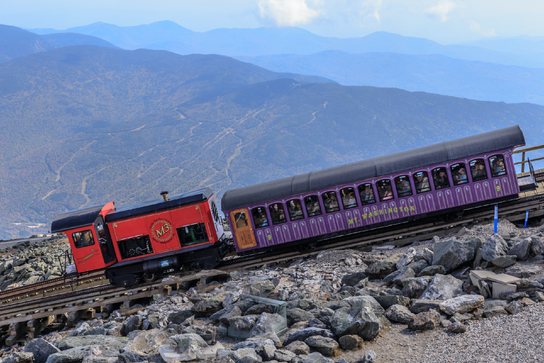 The Mount Washington Cog Railway in New Hampshire is one of the steepest in the world.