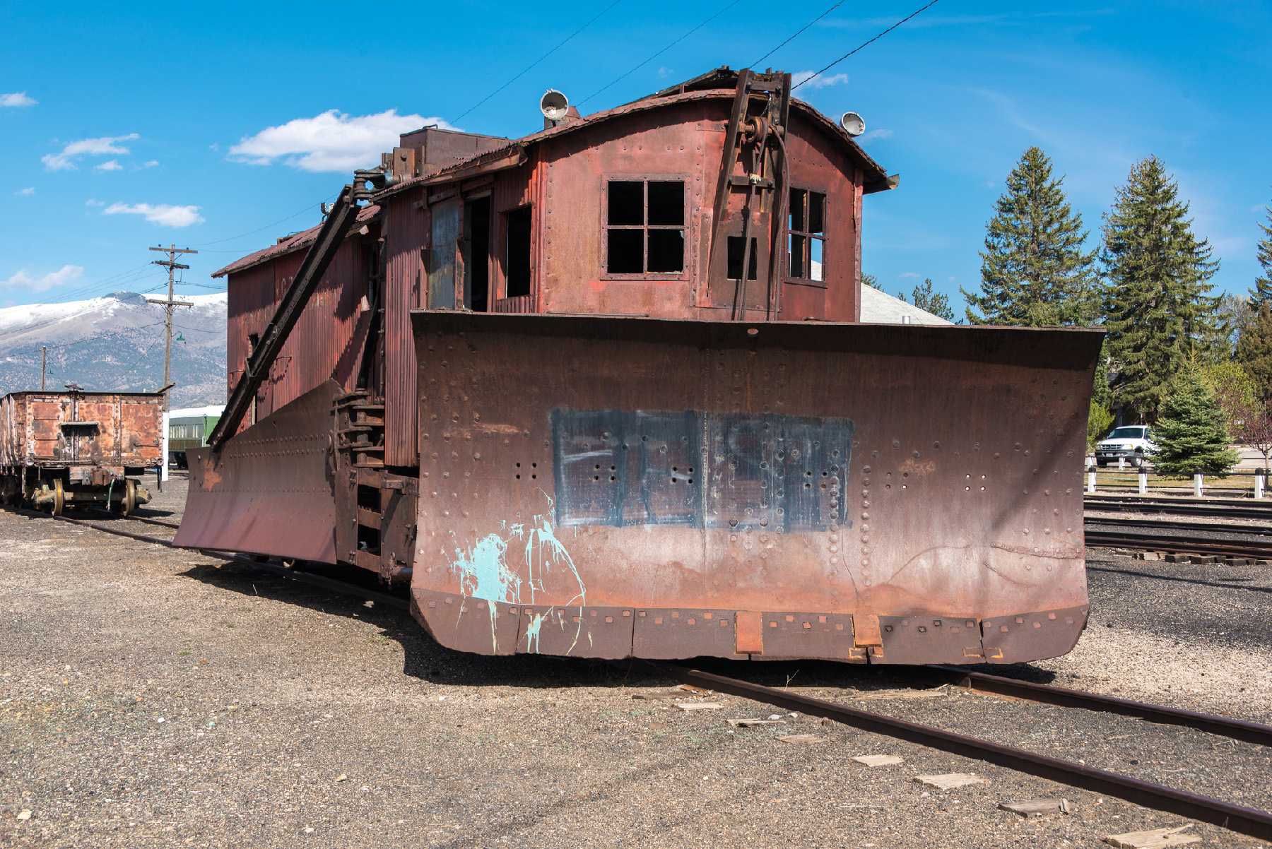 An antique snow plow car at the Nevada Northern Railway Museum shows how tracks were once maintained in the wintertime.