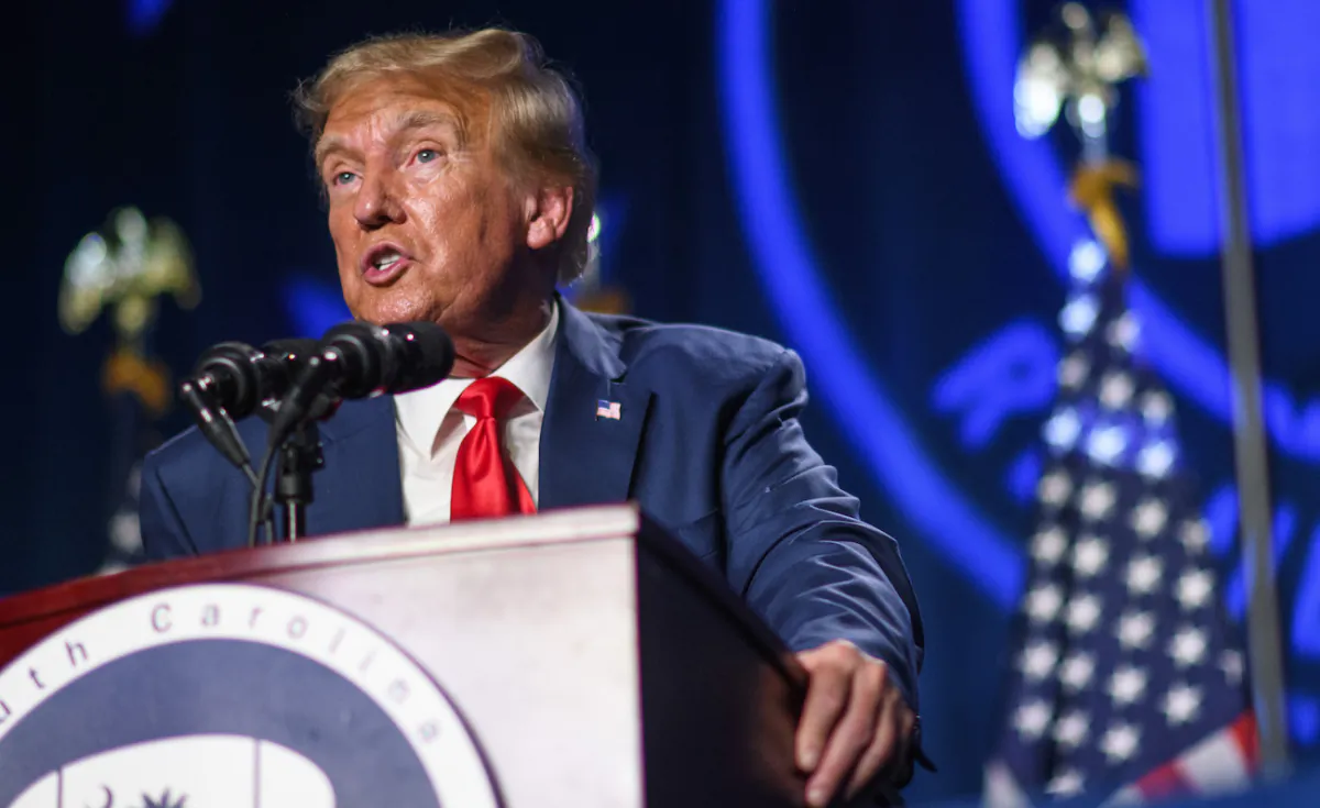 Former President Donald Trump speaks as the keynote speaker at the 56th Annual Silver Elephant Dinner hosted by the South Carolina Republican Party in Columbia, S.C., on Aug. 5, 2023. (Melissa Sue Gerrits/Getty Images)