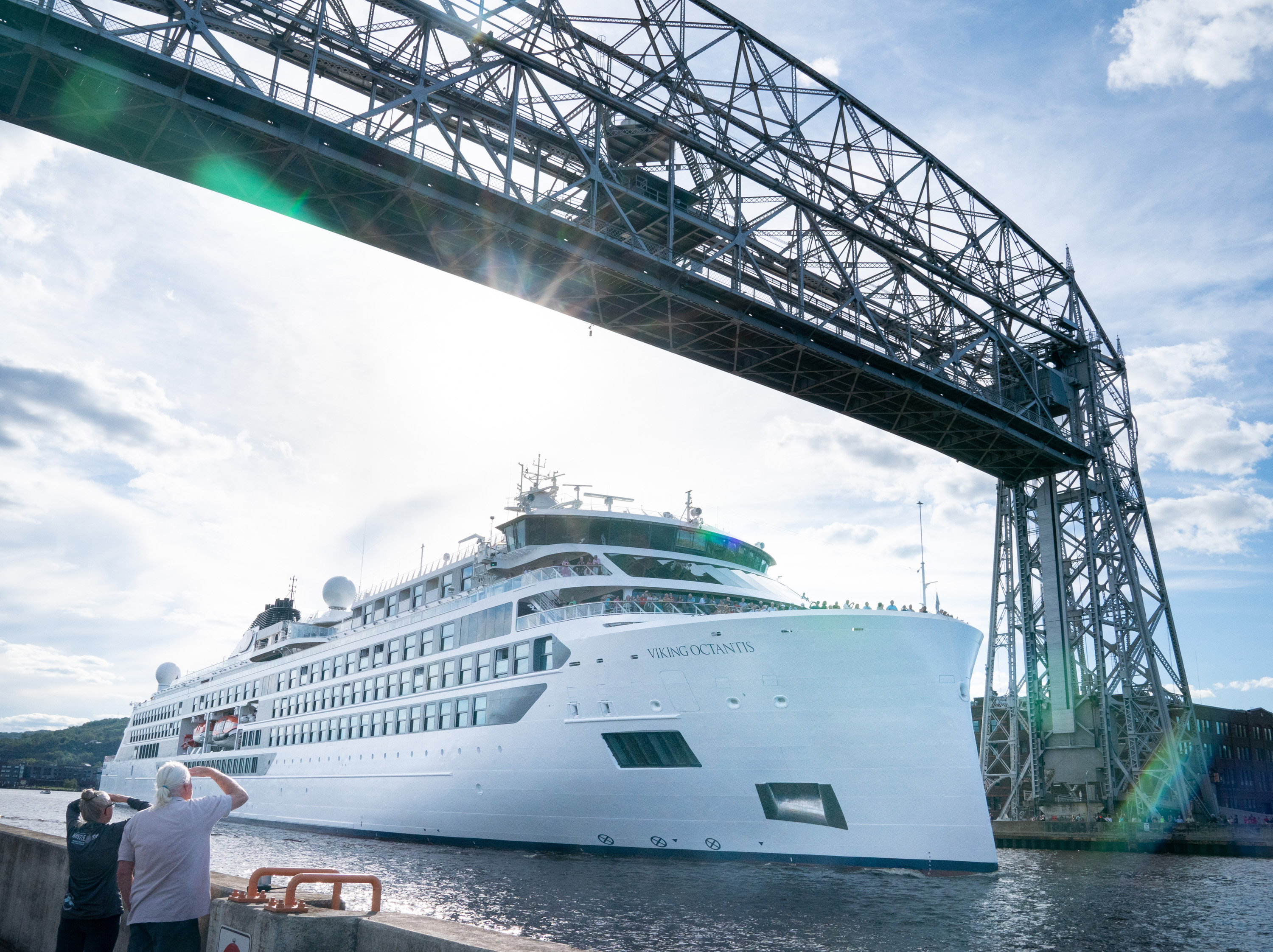 The Viking Ocantis of Vikings Cruises sails under the Aerial Lift Bridge on Lake Superior on July 25, 2022, at Canal Park in Duluth, Minnesota.