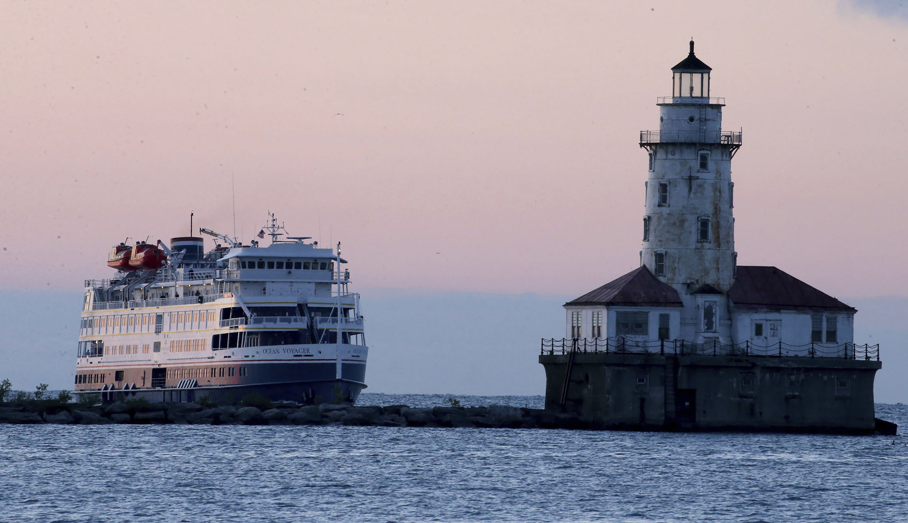 The Ocean Voyager Ship, owned by American Queen Voyages, sails along Lake Michigan as it arrives to Chicago’s Navy Pier