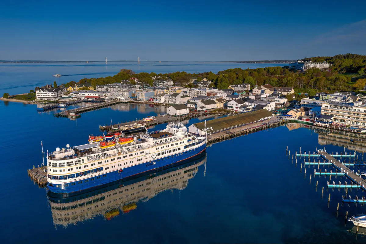 Victory Cruise Line's 202-passenger Victory I ship, docked at Michigan's Mackinac Island, a popular port on Great Lakes cruises. (Victory Cruise Lines/TNS)