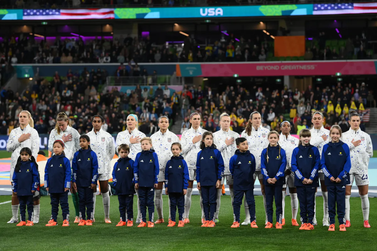 USA players line up for the national anthem prior to the FIFA Women's World Cup Australia & New Zealand 2023 Round of 16 match between Sweden and USA at Melbourne Rectangular Stadium in Melbourne, Australia, on August 6, 2023. (Quinn Rooney/Getty Images)