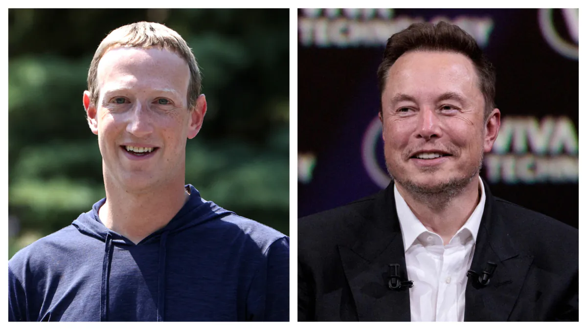 (Left) Facebook CEO Mark Zuckerberg at the Allen & Company Sun Valley Conference in Sun Valley, Idaho, on July 8, 2021. (Right) SpaceX and electric car maker Tesla CEO Elon Musk speaks during an event at the Vivatech technology startups and innovation fair at the Porte de Versailles exhibition center in Paris on June 16, 2023. (Kevin Dietsch, Joel Saget/Getty Images)