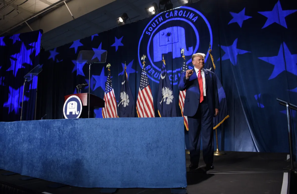 Former President Donald Trump speaks as the keynote speaker at the 56th Annual Silver Elephant Dinner hosted by the South Carolina Republican Party in Columbia, S.C., on Aug. 5, 2023. (Melissa Sue Gerrits/Getty Images)