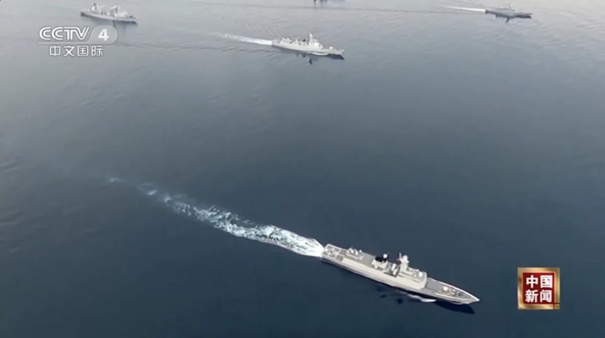 Chinese and Russian warships take part in military exercises at sea in a still from video released on July 24, 2023. (CCTV via Reuters/Screenshot via The Epoch Times)