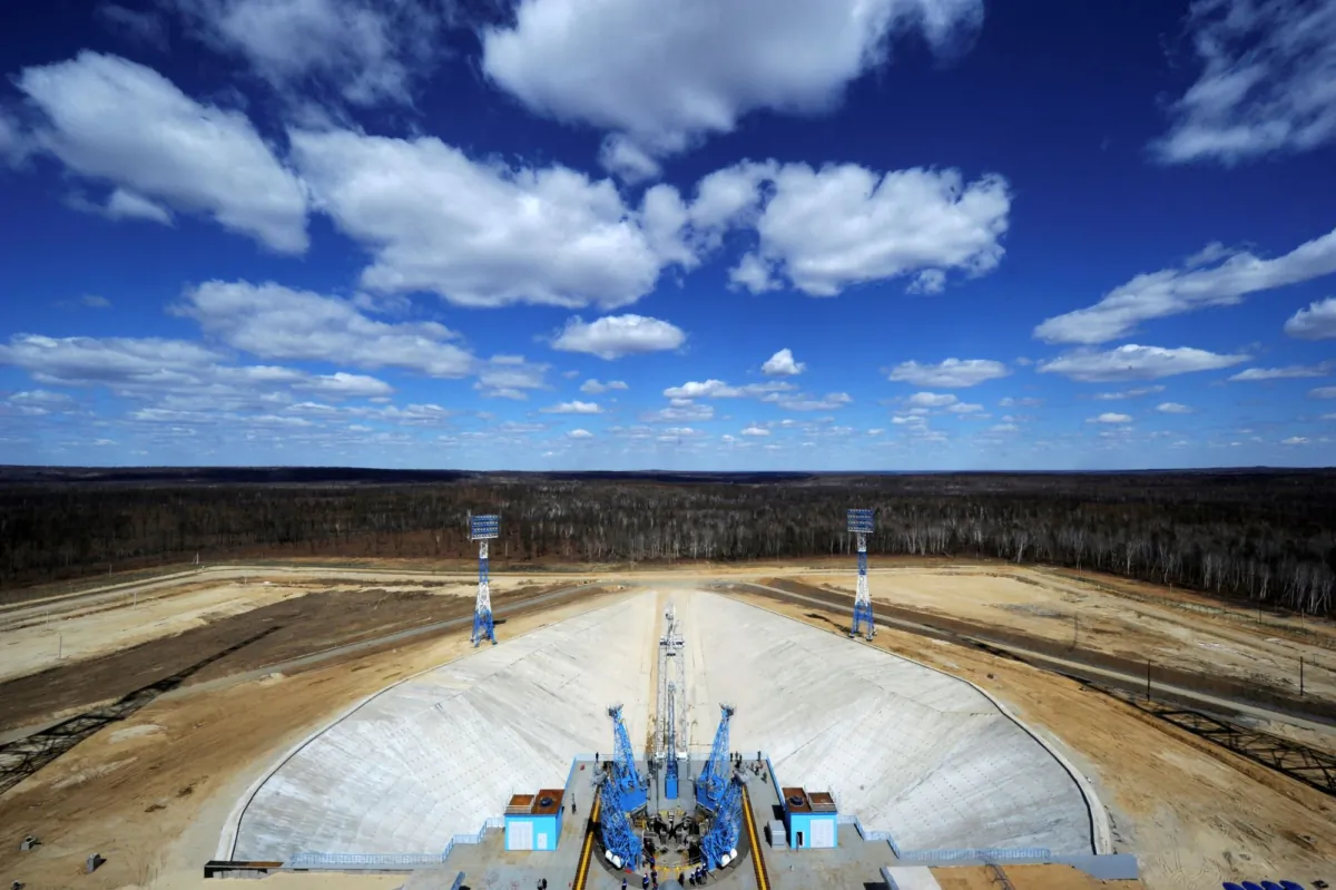 General view of the launch pad after a Russian Soyuz 2.1a rocket carrying Lomonosov, Aist-2D and SamSat-218 satellites took off at the new Vostochny cosmodrome outside the city of Uglegorsk, Russia, on April 28, 2016. (Kirill Kudryavtsev/Pool/Reuters)