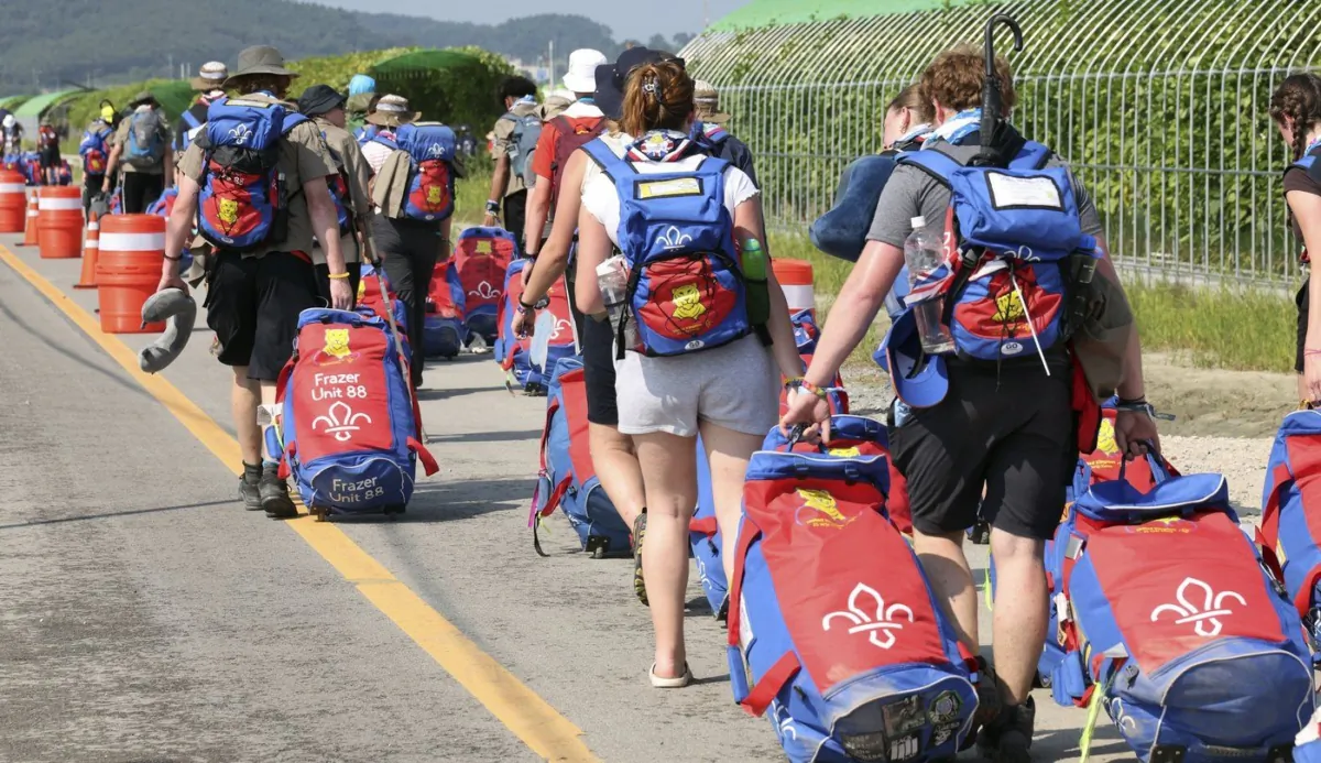 British scout members leave the World Scout Jamboree campsite in Buan, South Korea, Sunday, Aug. 6, 2023. (The Canadian Press/AP-Choe Young-soo/Yonhap via AP)
