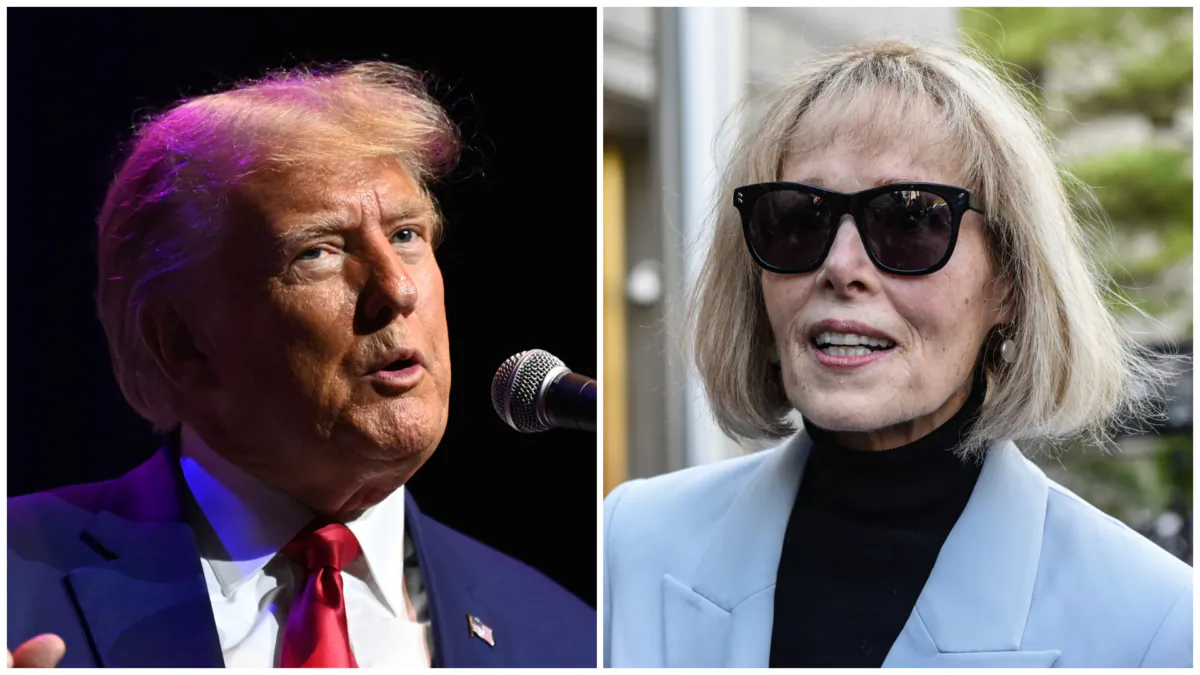 (Left) Former President Donald Trump speaks in Montgomery, Ala., on Aug. 4, 2023 (Julie Bennett/Getty Images); (right) E. Jean Carroll leaves following her trial at Manhattan Federal Court in New York, on May 8, 2023. (Stephanie Keith/Getty Images)