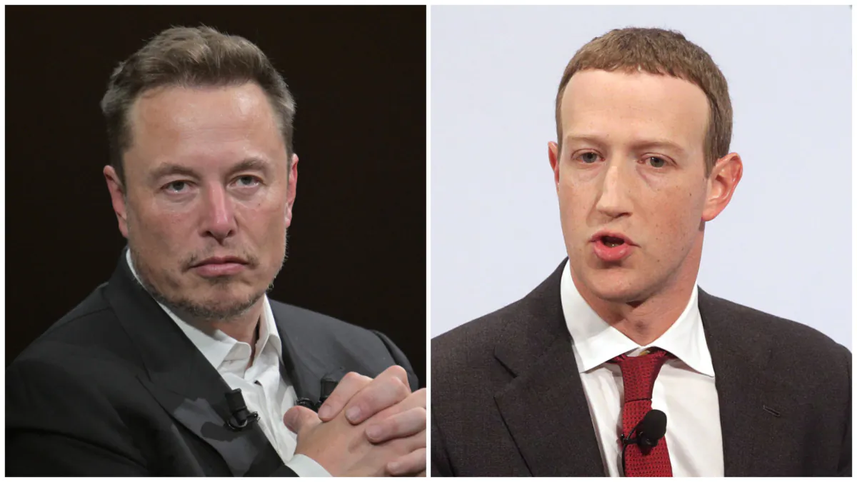 (Left) SpaceX, Twitter and electric car maker Tesla CEO Elon Musk looks on at the Vivatech technology startups and innovation fair in Paris, France, on June 16, 2023. (Alain Jocard/AFP via Getty Images); (Right) Meta founder and CEO Mark Zuckerberg speaks during a panel talk at the 2020 Munich Security Conference (MSC) in Munich, Germany, on Feb. 15, 2020. (Johannes Simon/Getty Images)
