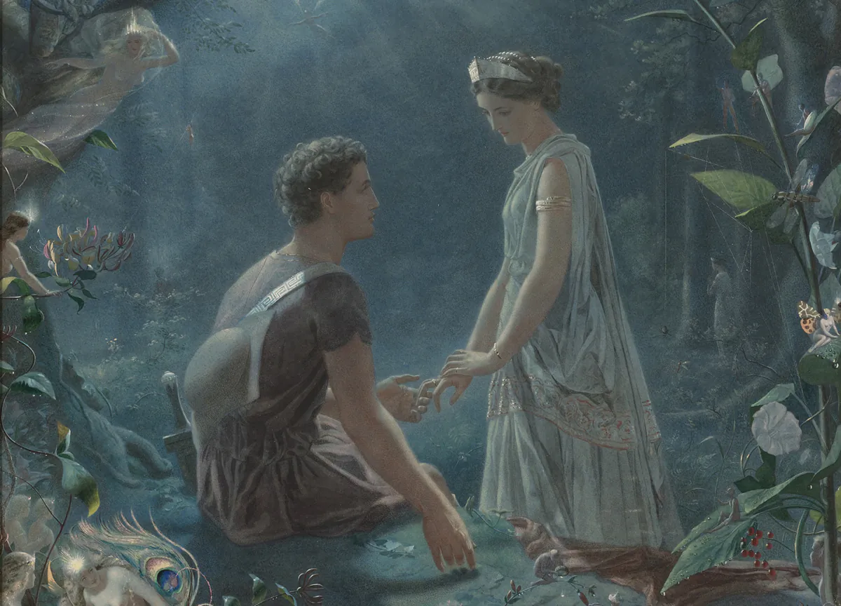 “Hermia and Lysander, ‘A Midsummer Night’s Dream,'” 1870, by John Simmons. Watercolor heightened with gouache on paper laid down on canvas; 36 inches by 29 inches. Private Collection. (Public Domain)