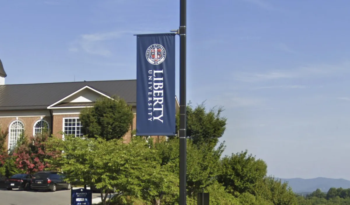 A Liberty University flag sign on the college's campus in Lynchburg, Va., in July 2019. (Google Maps/Screenshot via The Epoch Times)