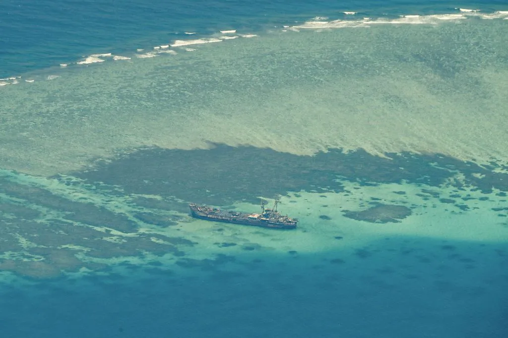 The deliberately grounded Philippine ship BRP Sierra Madre serves as a Philippine outpost on the Second Thomas Shoal in the South China Sea on March 9, 2023. (Jam Sta Rosa/AFP via Getty Images)