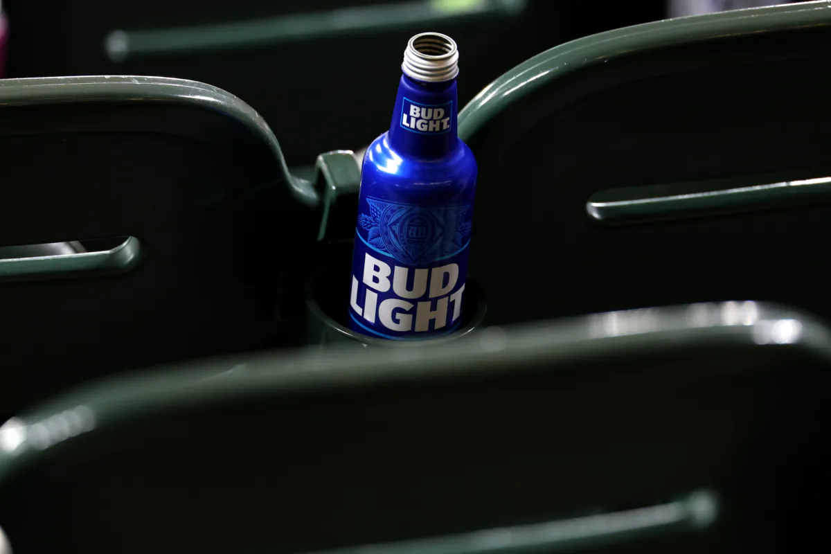 A can of Bud Light in a cup holder in the stands at Oriole Park at Camden Yards, in Baltimore, on June 28, 2023. (Rob Carr/Getty Images)