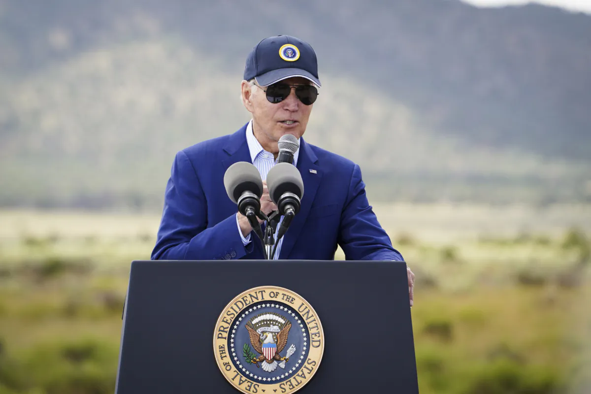 President Joe Biden delivers a speech,  promoting his climate policies on the one-year anniversary of the Inflation Reduction Act,  at Red Butte Airfield, Ariz., on Aug. 8, 2023. (Madalina Vasiliu/The Epoch Times)