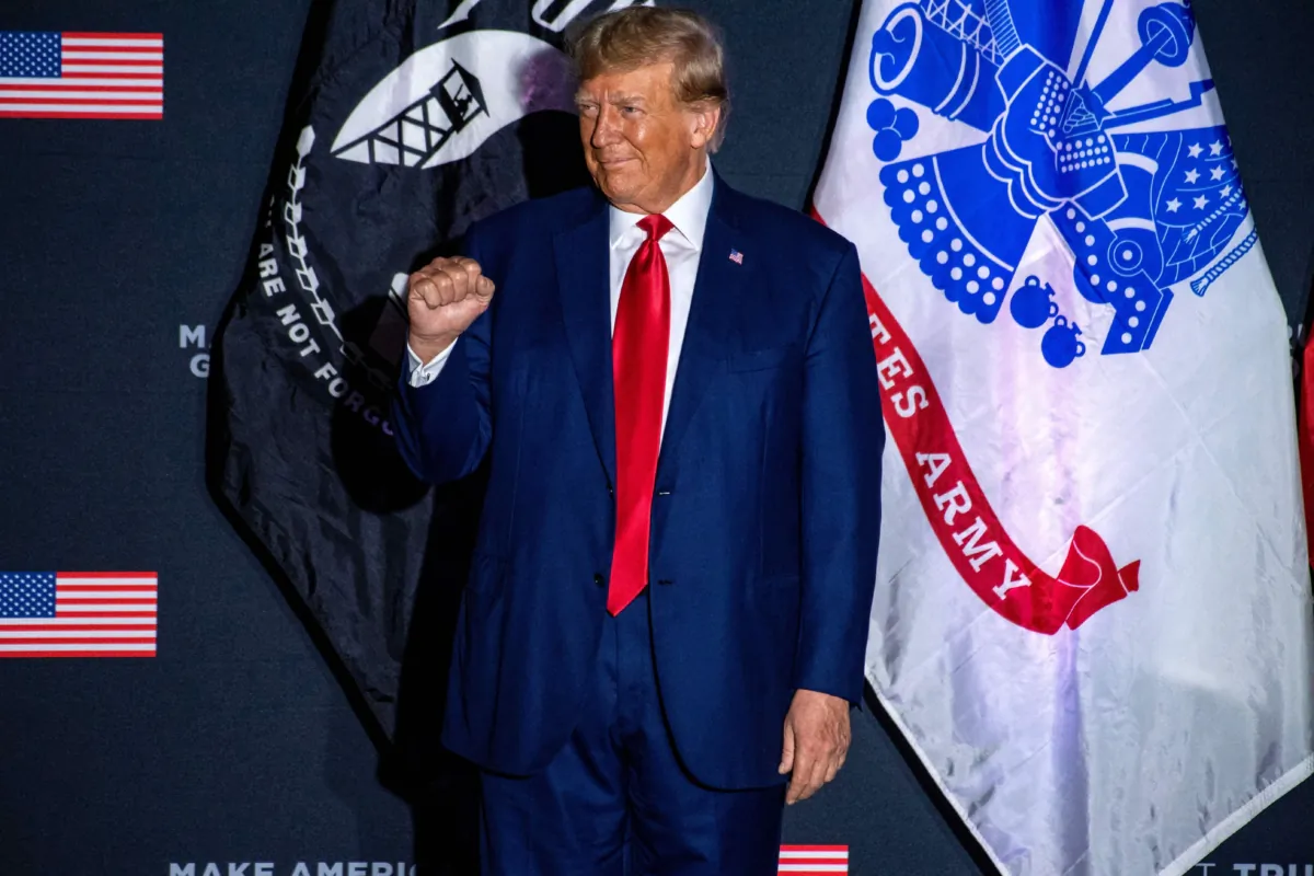 Former President and 2024 presidential hopeful Donald Trump arrives to speak during a campaign rally at Windham High School in Windham, N.H., on Aug. 8, 2023. (Joseph Prezioso/AFP via Getty Images)