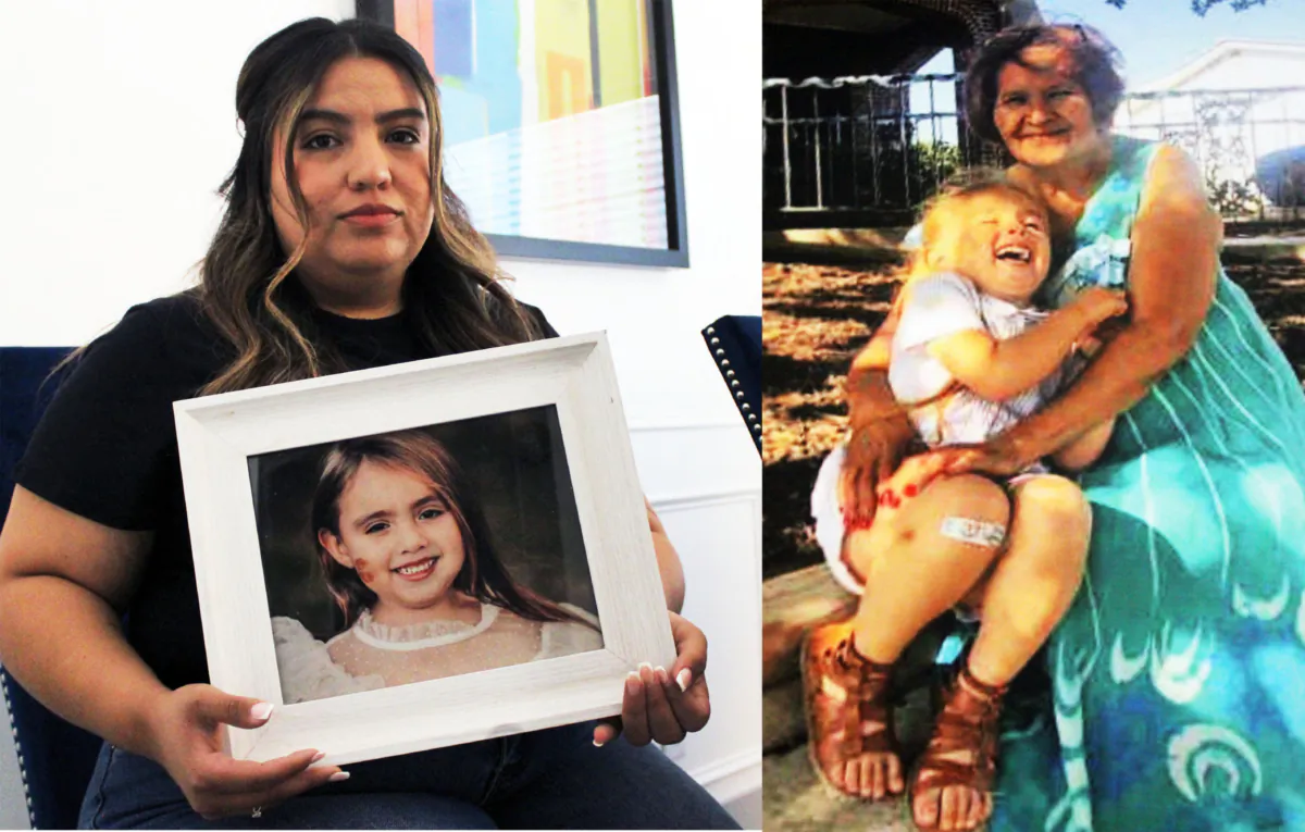 (Left) Elisa Tambunga holds a photo of her daughter, Emilia Tambunga, 7, in Texas, on Aug. 8, 2023. Emilia was killed in March when the truck she was riding in with her grandmother was hit by a truck carrying illegal immigrants in Ozona, Texas. (Michael Clements/The Epoch Times) (Right) Emilia is pictured with her grandmother, Maria "Coke" Tambunga, in this undated photo. (Courtesy of the Tambunga family)