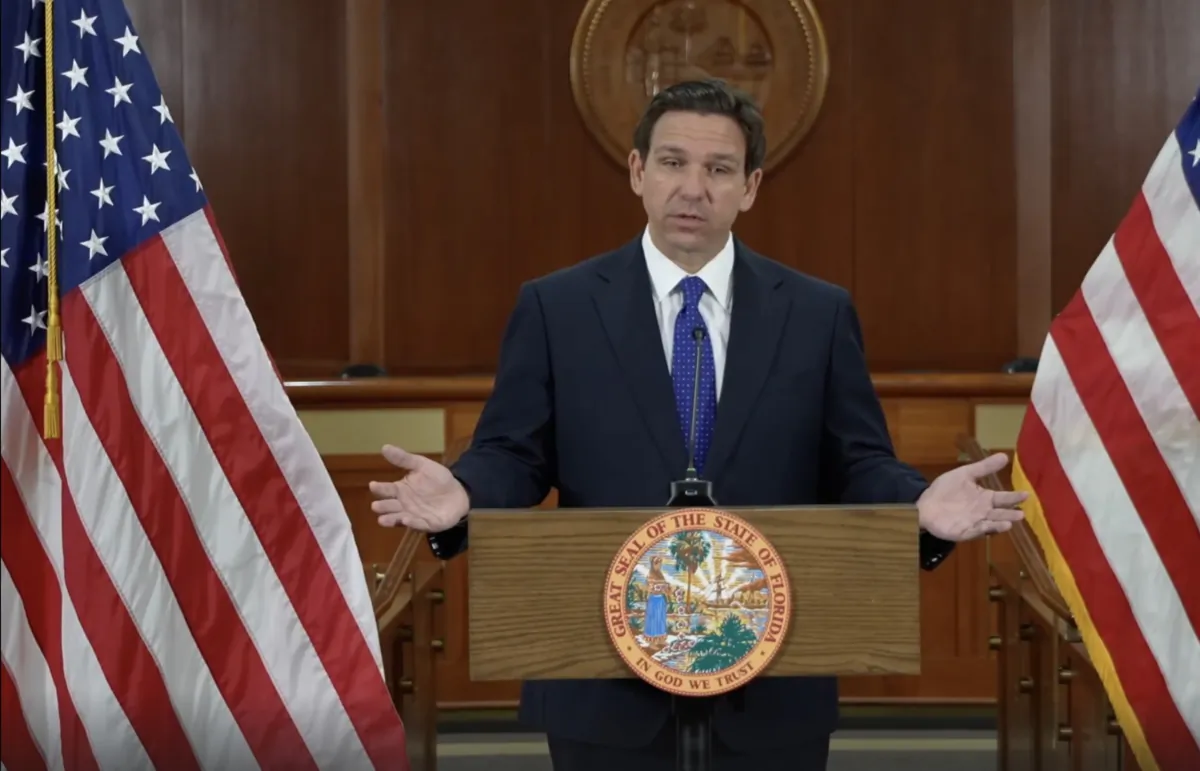 Florida Gov. Ron DeSantis speaks at a press conference on the dismissal of 9th Judicial Circuit Florida prosecutor Monique Worrell in Tallahassee, Fla. on Aug. 9, 2023. (Ron DeSantis/Screenshot via The Epoch Times)
