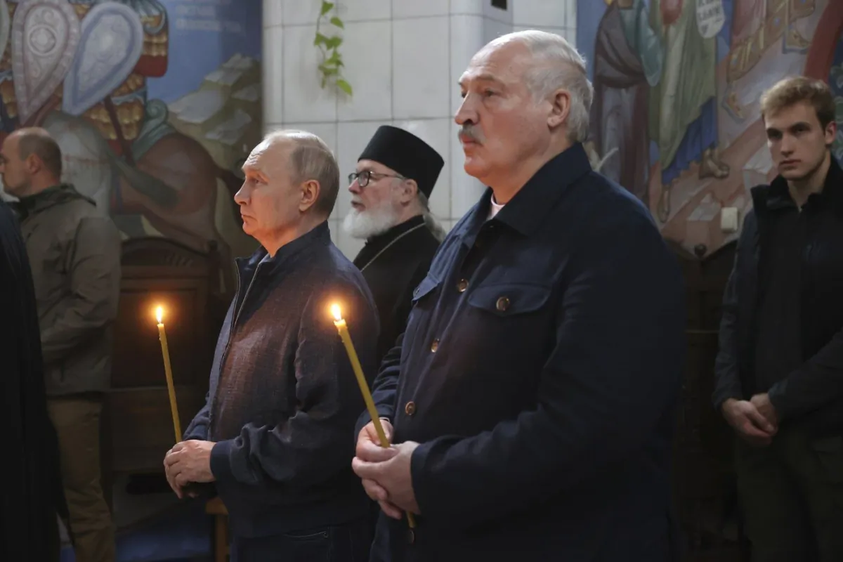 Russian President Vladimir Putin, left, and Belarusian President Alexander Lukashenko visit the Valaam Monastery of the Transfiguration of the Savior, on Valaam island in Lake Ladoga, Republic of Karelia, Russia, July 24, 2023. (The Canadian Press/AP-POOL, Sputnik, Kremlin Pool Photo)
