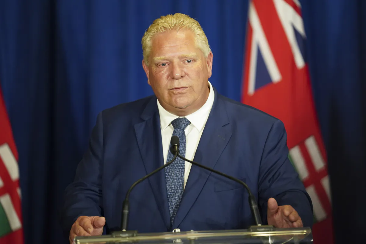 Ontario Premier Doug Ford speaks to the media during a press conference following the release of the Auditor General’s Special Report on Changes to the Greenbelt, at Queens Park, in Toronto, on Aug. 9, 2023. (Arlyn McAdorey/The Canadian Press)