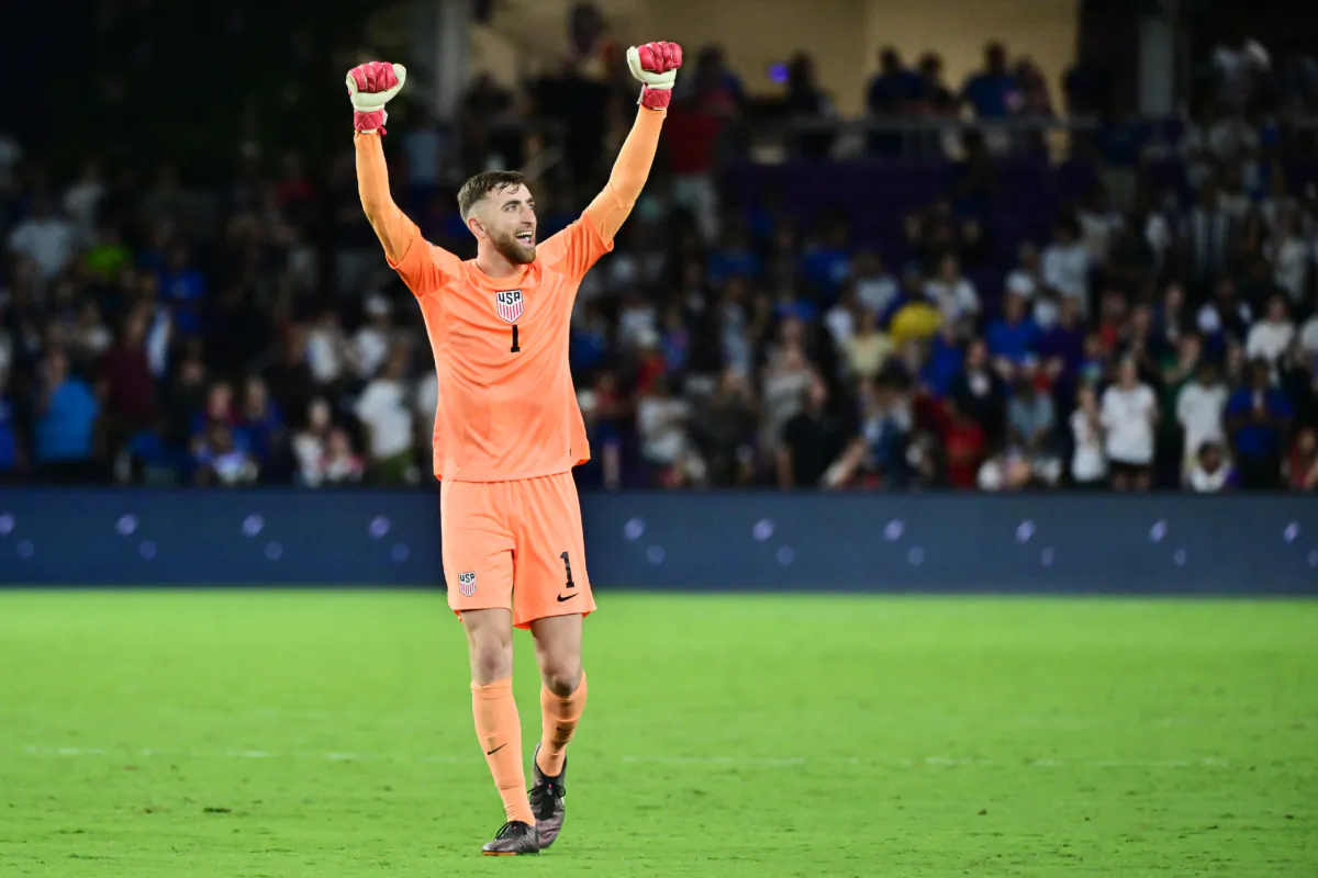 Matt Turner (1) of United States of America reacts after defeating El Salvador 1–0 at Exploria Stadium in Orlando, Fla., on March 27, 2023. (Julio Aguilar/Getty Images)