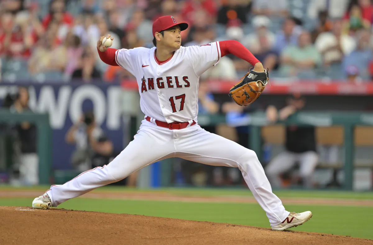 Shohei Ohtani (17) of the Los Angeles Angels pitches in the first inning against the San Francisco Giants at Angel Stadium of Anaheim in Anaheim, Calif., on August 9, 2023  (Jayne Kamin-Oncea/Getty Images)