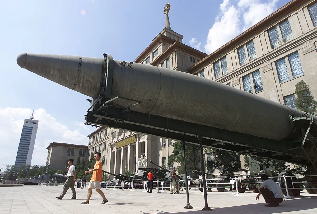 A missile sits on display in the courtyard of the Military Museum in Beijing on Sept. 5, 2001.  (Frederic J. Brown/AFP via Getty Images)