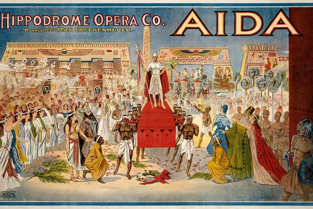 Poster for a 1908 production of "Aida" by Giuseppi Verdi in Cleveland, showing the triumphal scene in Act 2, Scene 2. (Public Domain)