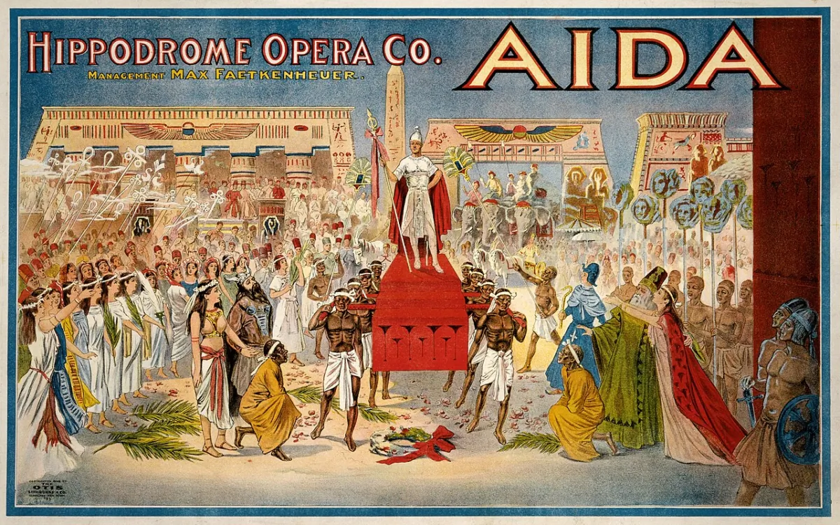 Poster for a 1908 production of "Aida" by Giuseppi Verdi in Cleveland, showing the triumphal scene in Act 2, Scene 2. (Public Domain)