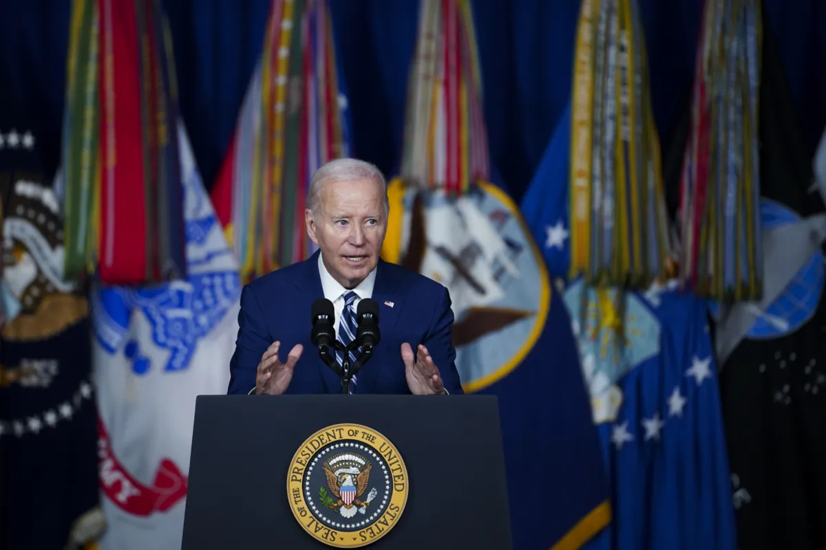President Joe Biden delivers a speech to mark the one-year anniversary of his signing into law the Promise to Address Comprehensive Toxics (PACT) Act, at the George E. Wahlen Department of Veterans Affairs Medical Center in Salt Lake City, Utah, on Aug. 10, 2023. (Madalina Vasiliu/The Epoch Times)
