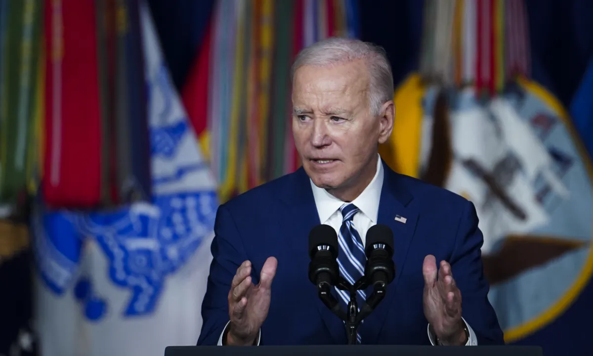 President Joe Biden delivers a speech to mark the one-year anniversary of his signing into law the Promise to Address Comprehensive Toxics (PACT) Act at the George E. Wahlen Department of Veterans Affairs Medical Center in Salt Lake City on Aug. 10, 2023. (Madalina Vasiliu/The Epoch Times)