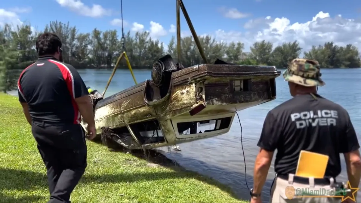 A submerged car recovered at Doral Lake in Florida on Aug. 8, 2023. (Miami-Dade Police Department)